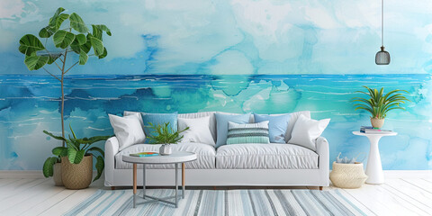 An abstract seascape in shades of blue and turquoise adds a coastal vibe to a beach house living room.
