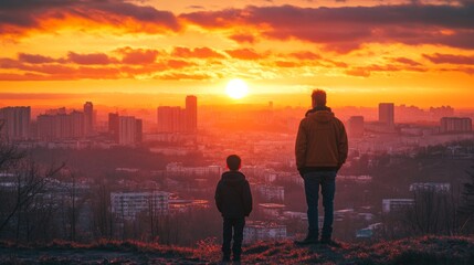 Fototapeta premium Sunset City Overlook with Silhouetted Figures