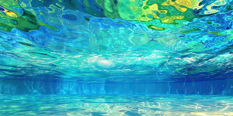 Fototapeta premium An abstract underwater scene in aquatic blues and greens enhances a poolside or beach setting.