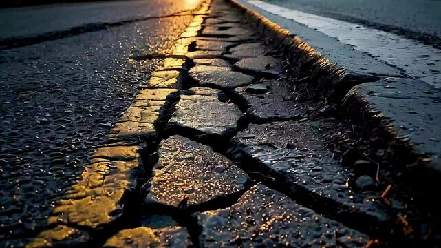 a cracked road  with  the sun  shining on it