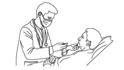 Continuous Line Drawing of Male Doctor Caring for an Old Senior Citizen Grandmother. Health and Wellness Graphic Illustration Concept.