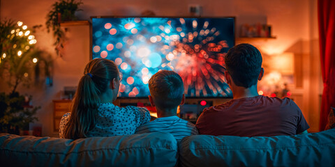 Fototapeta premium Family watching fireworks display on TV, wide banner, night