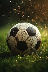 Fototapeta premium Old black and white soccer ball resting on vibrant green grass against a blue background