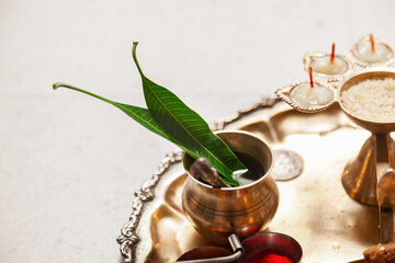 Close-up of a beautifully Decorated Pooja Thali for festival celebration to worship. 