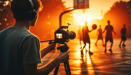 A filmmaker captures a dynamic basketball scene at sunset, showcasing sports culture and creativity in action.