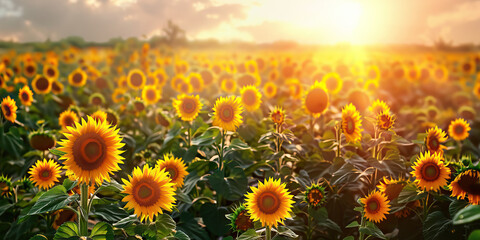 Obraz premium A vibrant sunflower field stretching as far as the eye can see, with the sun's rays casting a golden hue over the blossoms.