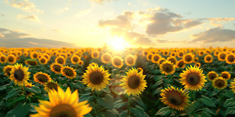 Fototapeta premium A vibrant sunflower field stretching as far as the eye can see, with the sun's rays casting a golden hue over the blossoms.