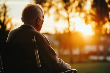 Elderly man in wheelchair watching sunset in nursing home garden