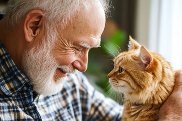 Elderly man and ginger cat sharing a tender moment at at nursing home