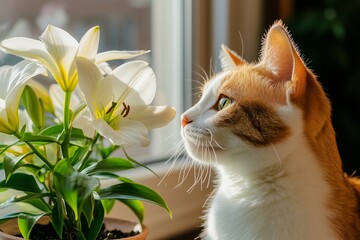 Obraz na płótnie Canvas Curious cat looking at white lilies by a window - concept of plants toxic to pets