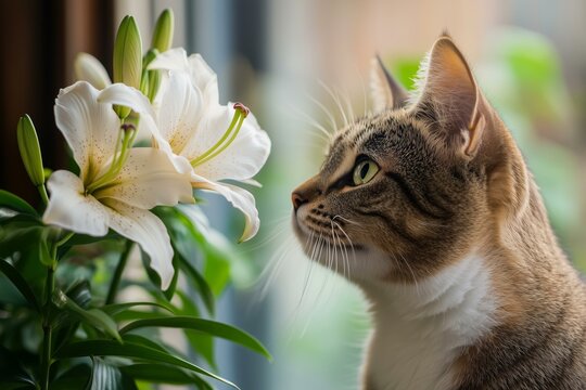 Cat observing white lilies by a window - flowers toxic to cats