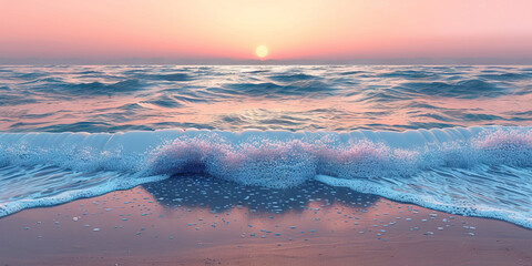 Naklejka premium A serene seascape at twilight, with gentle waves lapping at the shore as the sky transforms into hues of pink and orange.