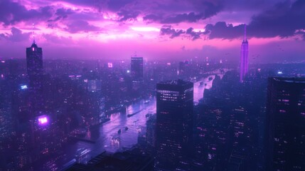 Futuristic cityscape at sunset