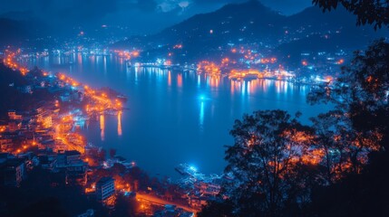 Mountain City Nightscape with River