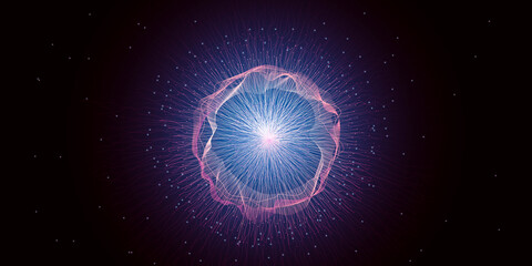 Abstract background with glowing burst of energy in blue and pink tones, radiating light and particles in cosmic, futuristic design for sci-fi and technology themes