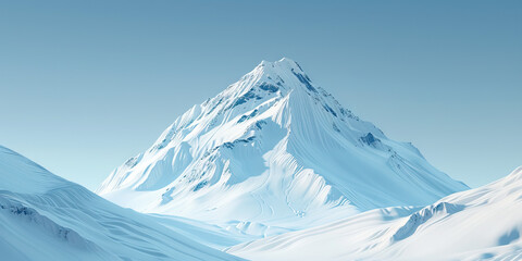 A snowy mountain peak, its craggy terrain blanketed in fresh powder, contrasting against a clear blue sky.