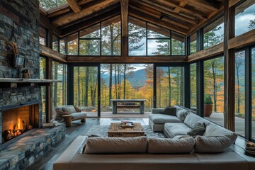 Spacious open living room with vaulted ceiling and large windows overlooking autumn trees