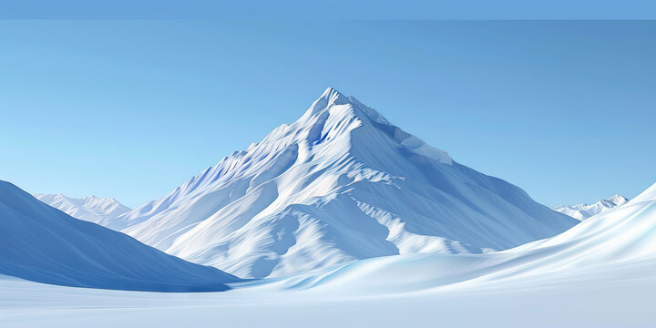 A snowy mountain peak, its craggy terrain blanketed in fresh powder, contrasting against a clear blue sky.