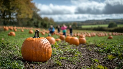 Children explore a pumpkin patch during autumn in a countryside field on a sunny day