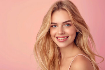 Fototapeta premium A woman with blonde hair is smiling and looking at the camera, generative ai image.