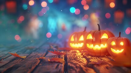 Obraz premium illuminated halloween pumpkins on a table with copy space