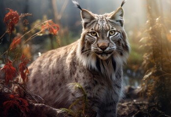 Obraz premium Mystical Lynx A Hybrid Creature in the Forest's Embrace