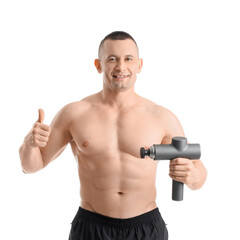 Fototapeta premium Muscular young man with percussive massager showing thumb-up on white background