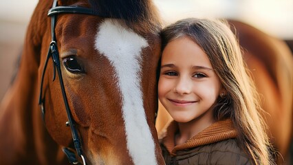 Fototapeta premium Young woman with beautiful animal on horse farm. Happy smiling girl standing near horse, close-up.