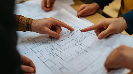 A project manager holding blueprints and pointing at specific sections during a meeting with stakeholders