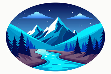 A charming illustration showcases a river flowing through snowy mountain peaks, with pine trees along the banks and a starry evening sky, held within a circular frame.
