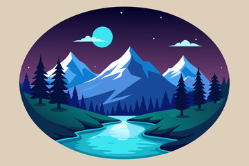 A charming illustration showcases a river flowing through snowy mountain peaks, with pine trees along the banks and a starry evening sky, held within a circular frame.
