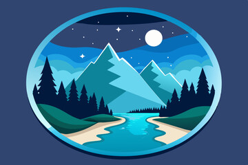 A charming illustration showcases a river flowing through snowy mountain peaks, with pine trees along the banks and a starry evening sky, held within a circular frame.
