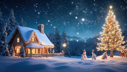 Fototapeta premium A cozy cabin in the snowy woods, illuminated warmly with a decorated Christmas tree and snowmen in the yard.
