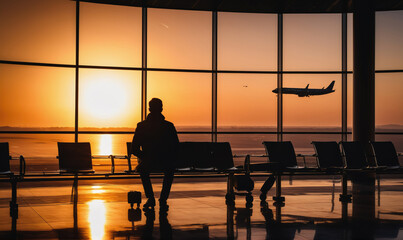 A person sits in an airport waiting area, watching a plane take off during a beautiful sunset
