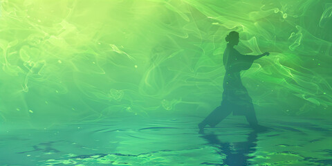 Fototapeta premium A calming green and blue abstract background, highlighting the focus of a Taoist practitioner performing tai chi.