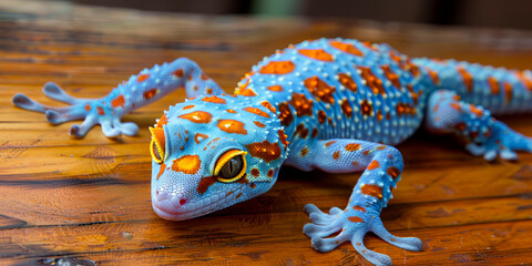Brightly colored tokay gecko resting on a wooden surface with lush green foliage in background