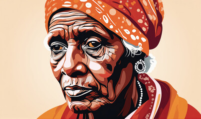 Obraz premium A close-up portrait of an elderly woman wearing a colorful headscarf