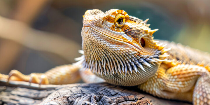 Bearded dragon lizard basking on a log, showcasing intricate scale pattern and spiky beard in natural habitat