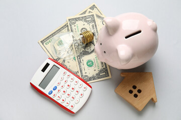 Wooden model of house, calculator, piggy bank, dollar banknotes and light bulb on grey background