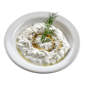 Classic turkish cacik yogurt dish topped with fragrant dill and a splash of olive oil, displayed on a clear background for various uses