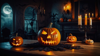 Fototapeta premium Spooky pumpkins on a haunted table on Halloween night under full moon