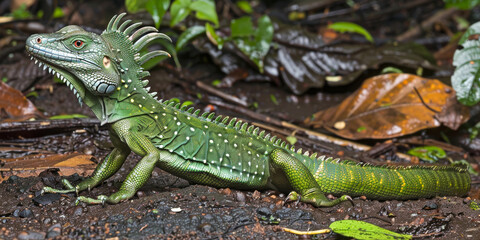 Green basilisk lizard on forest floor among fallen leaves in a tropical rainforest