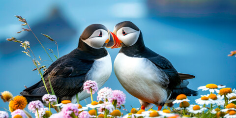 Two Atlantic puffins displaying affectionate behavior on a coastal flower meadow