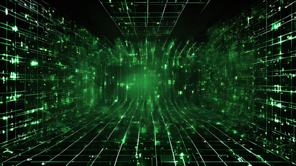 Obraz premium A matrix of numbers and algorithms flowing in a green and black grid