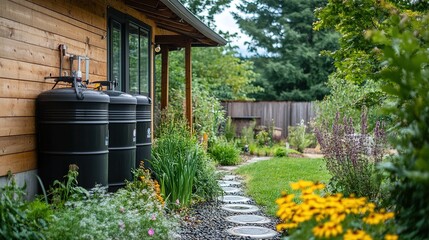 A residential property with visible rain barrels and a water filtration system for collecting and reusing rainwater