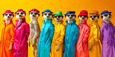 Fototapeta premium Meerkats in colorful trench coats and hats, lined up stylishly against a vivid yellow-orange background