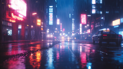 Cyberpunkowe miasto nocą, ukazująca puste, deszczowe ulice w dystopijnym krajobrazie. Obraz jest przepełniony neonowymi światłami, mgłą oraz ciemnymi kolorami.