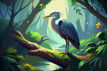 In a mystical forest, a Great Blue Heron stands on a moss-covered branch, bathed in soft light, symbolizing the harmonious coexistence of wildlife and nature. 
