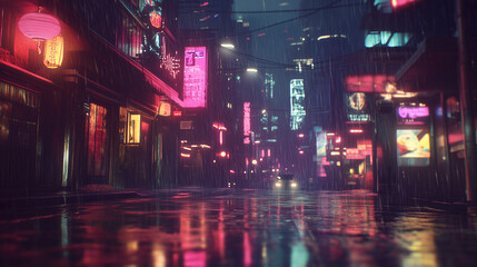 Cyberpunkowe miasto nocą, ukazująca puste, deszczowe ulice w dystopijnym krajobrazie. Obraz jest przepełniony neonowymi światłami, mgłą oraz ciemnymi kolorami.