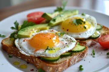 Avocado Toast with Fried Eggs and Cucumber